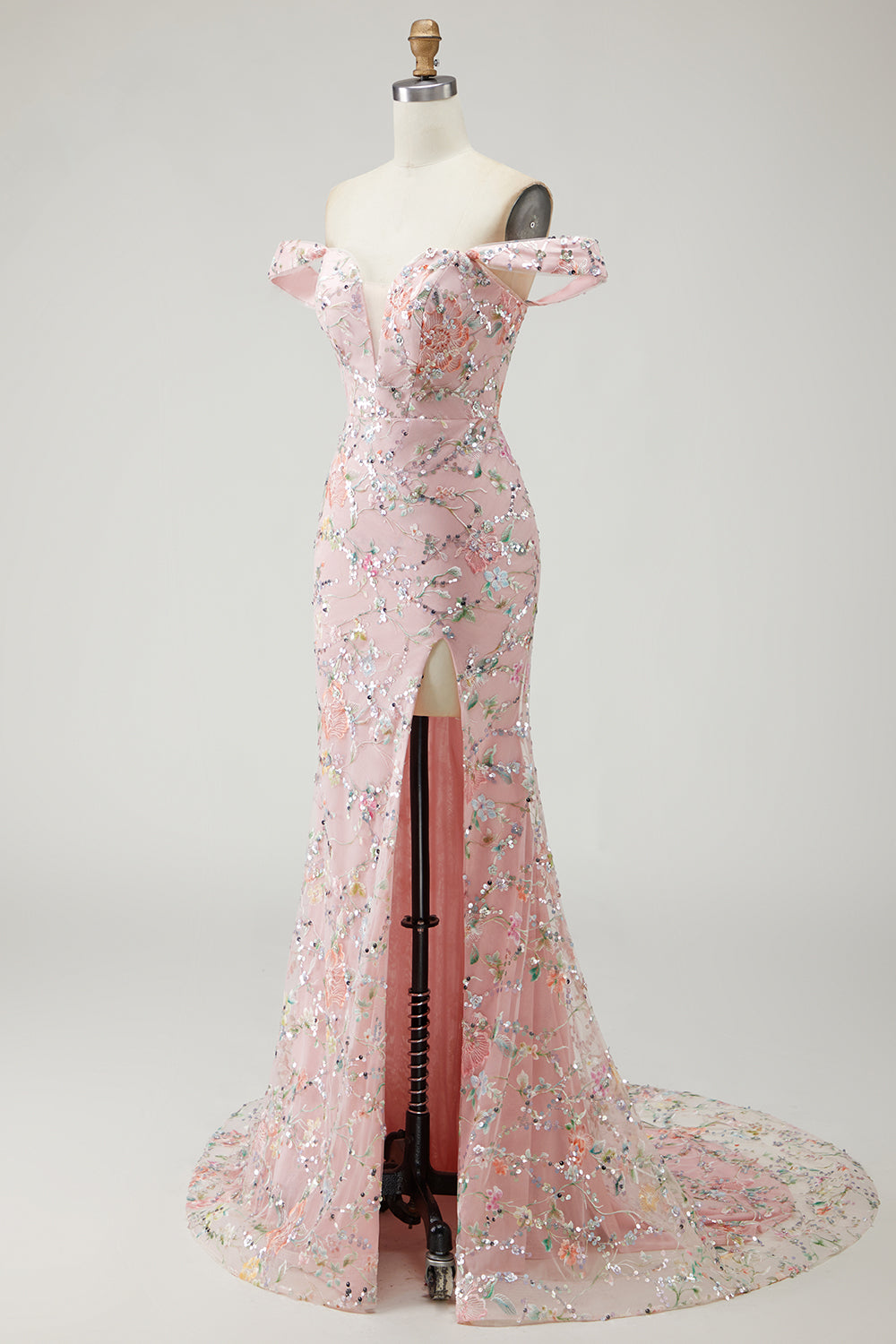 Floral Embroidered Blush Off The Shoulder Sequin Mermaid Prom Dress With Slit