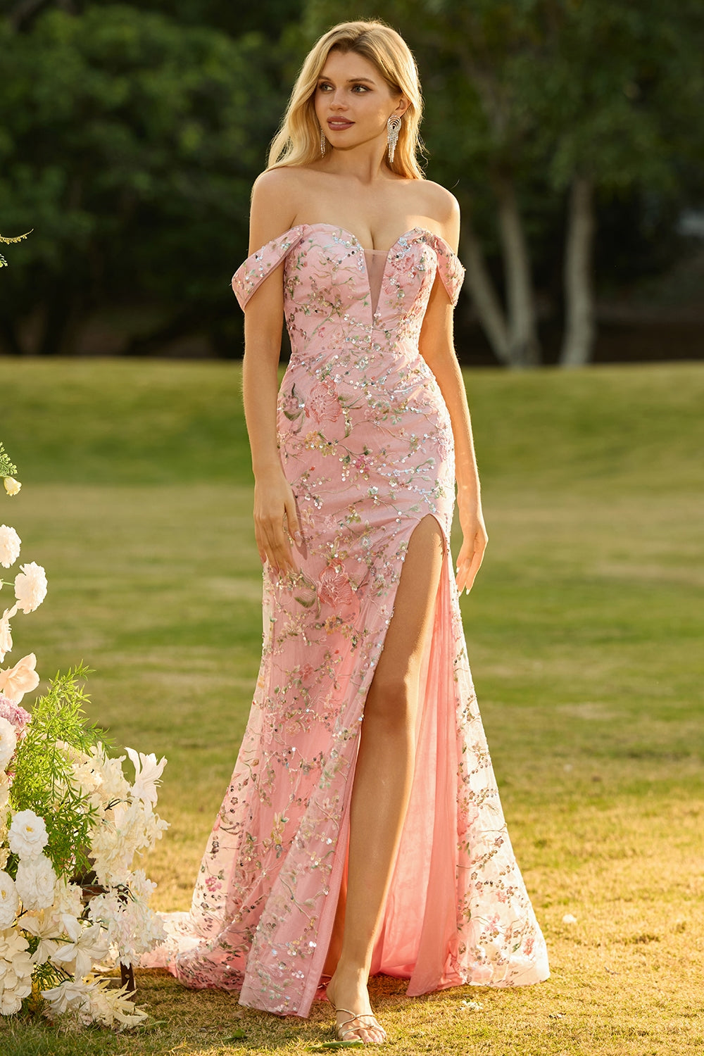 Off the Shoulder Yellow Floral Sequin Mermaid Prom Dress