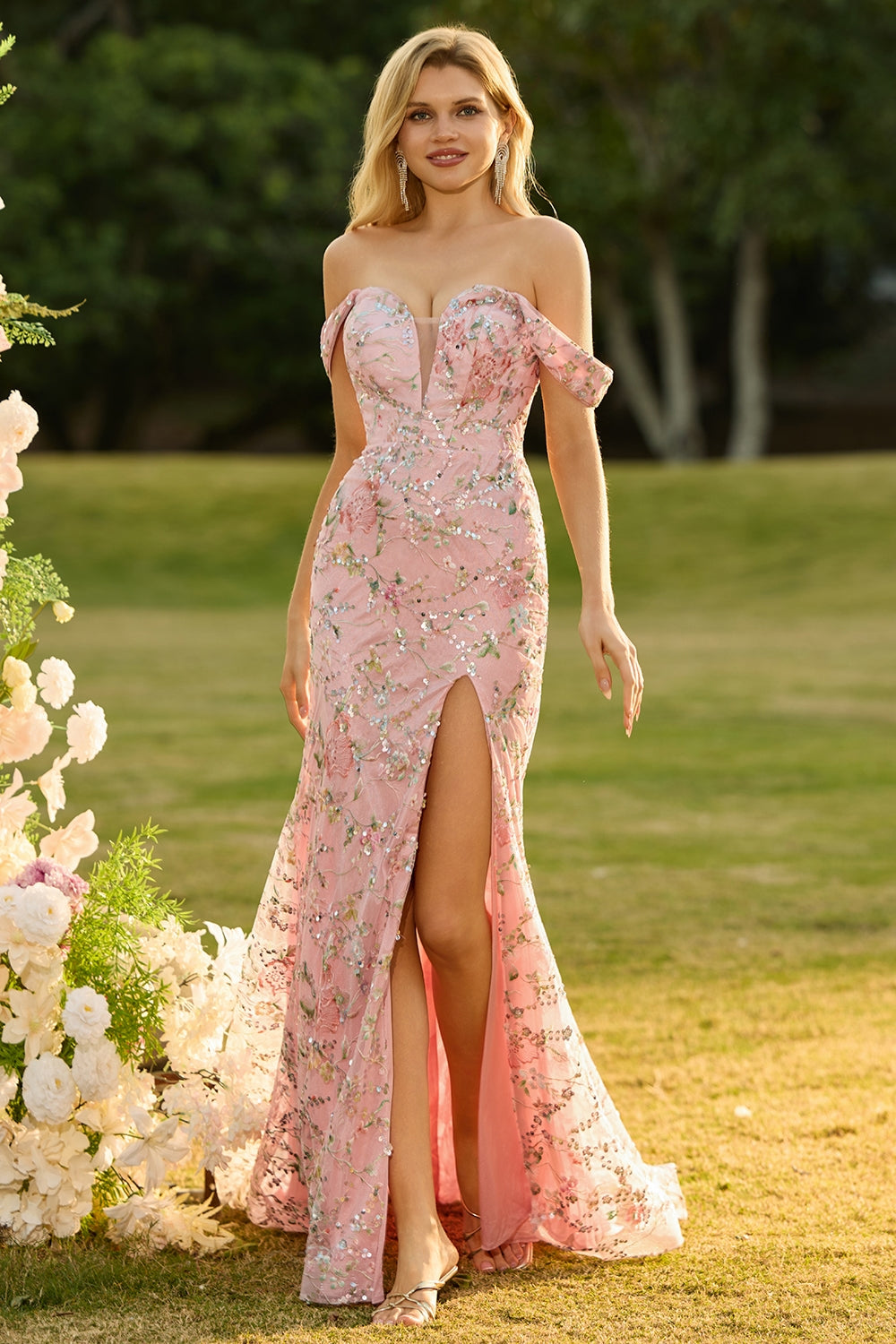 Off the Shoulder Yellow Floral Sequin Mermaid Prom Dress