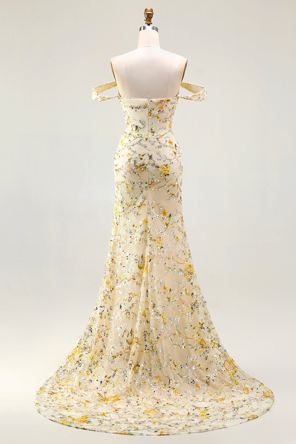 Floral Embroidered Blush Off The Shoulder Sequin Mermaid Prom Dress With Slit