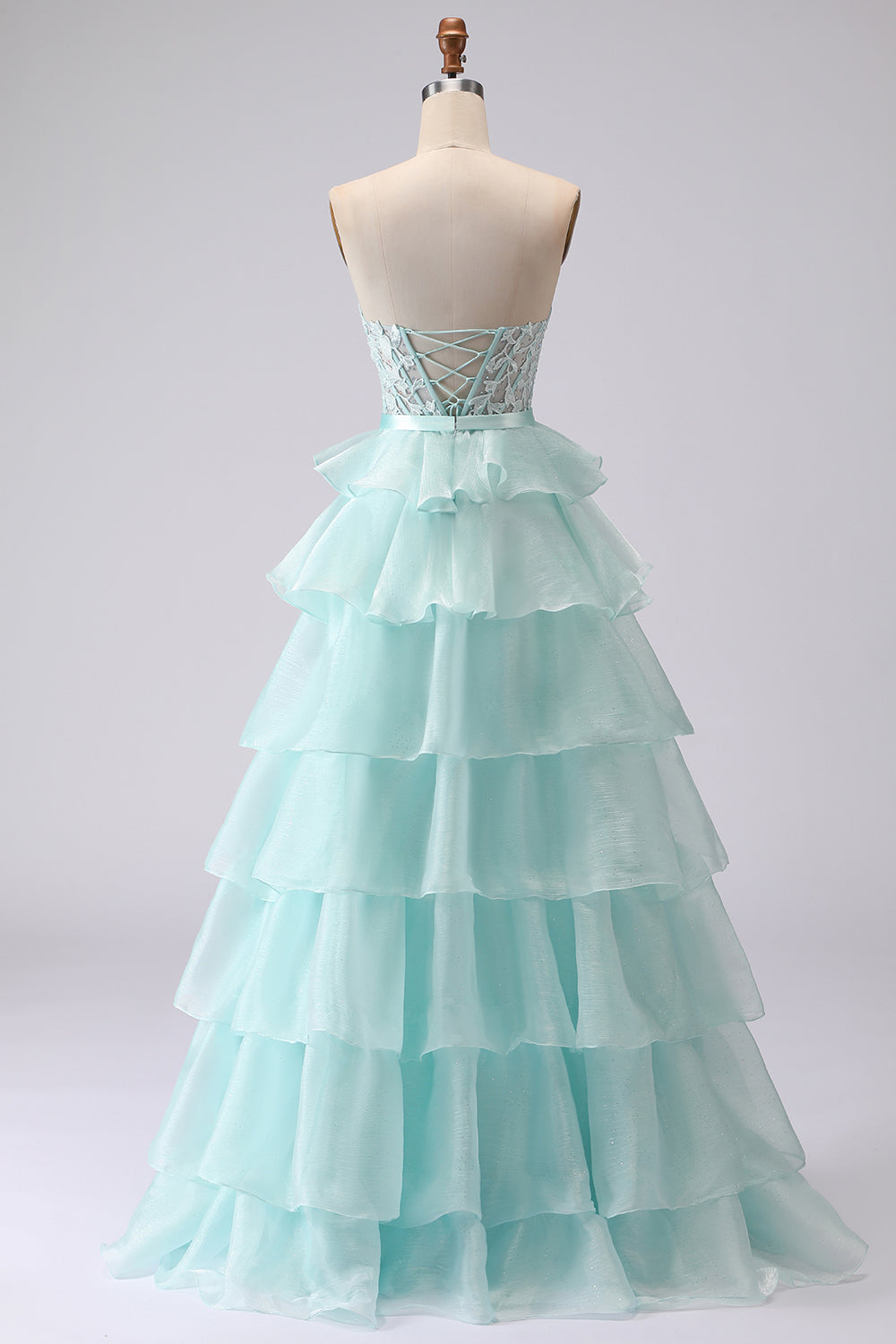 Strapless Corset Appliqued Tiered Green Prom Dress