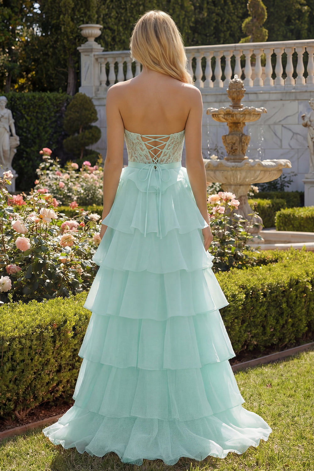 Pink Tiered Strapless Corset Beaded Prom Dress