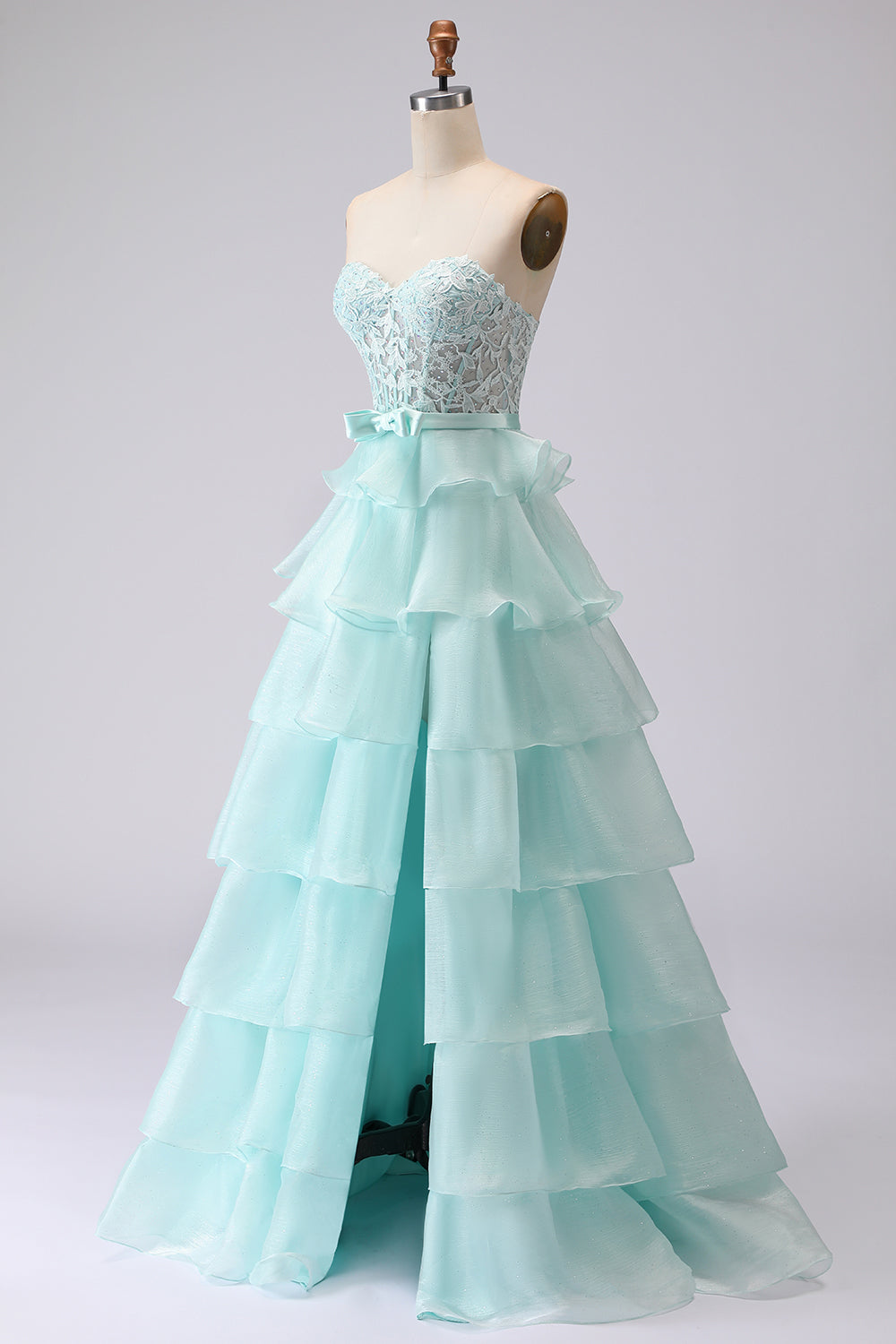 Pink Tiered Strapless Corset Beaded Prom Dress