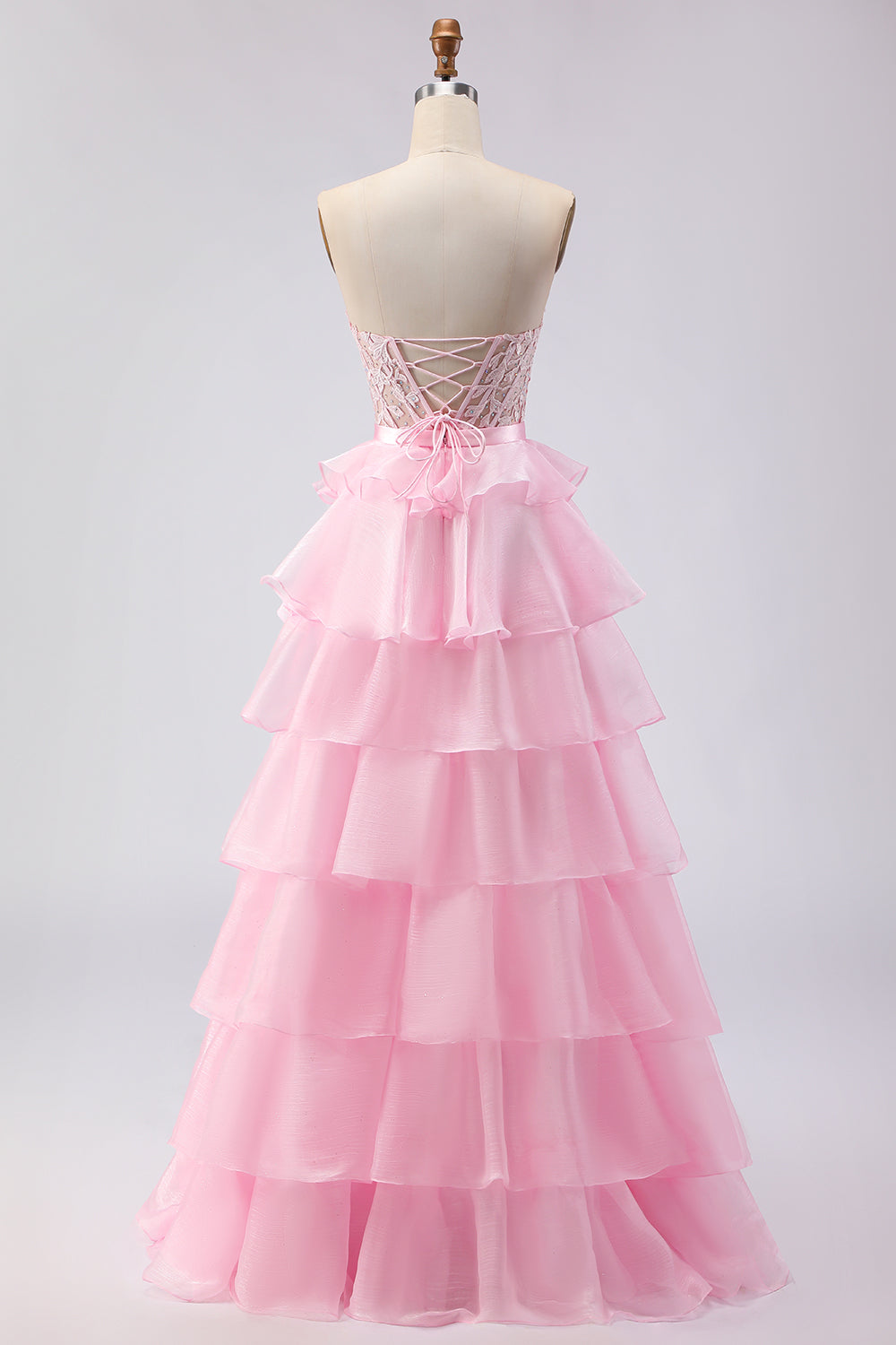 Pink Tiered Strapless Corset Beaded Prom Dress