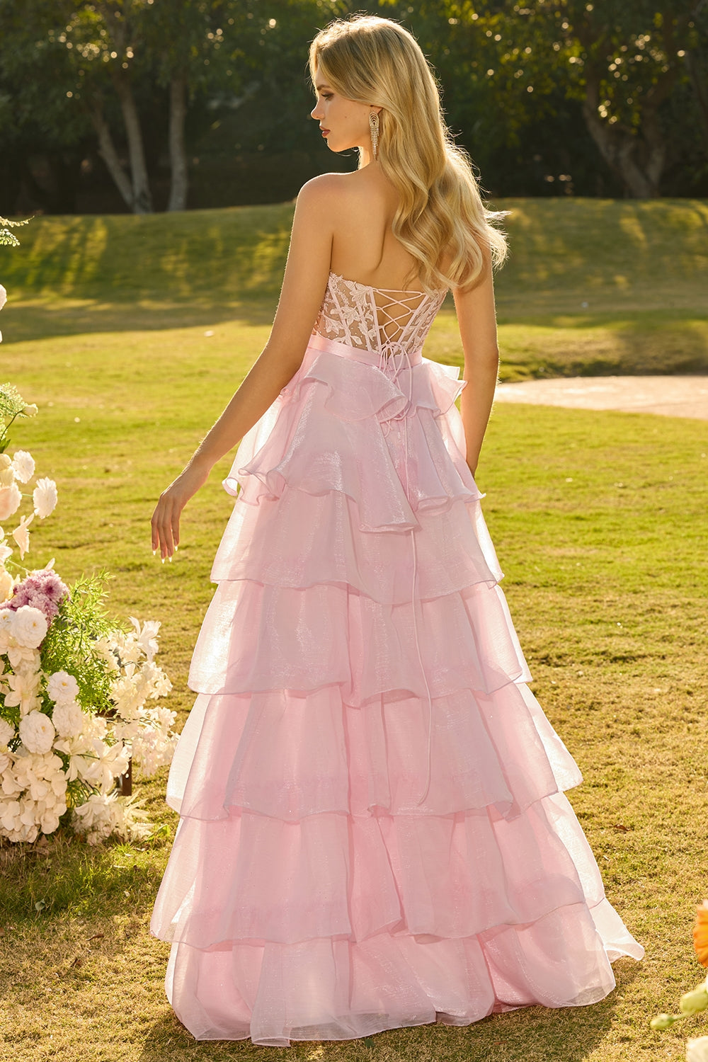 Pink Tiered Strapless Corset Beaded Prom Dress