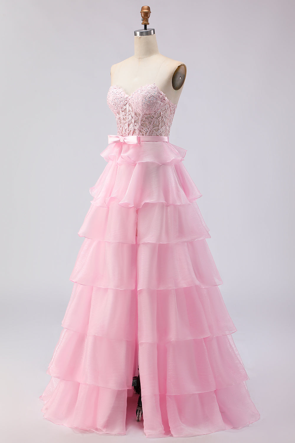 Pink Tiered Strapless Corset Beaded Prom Dress