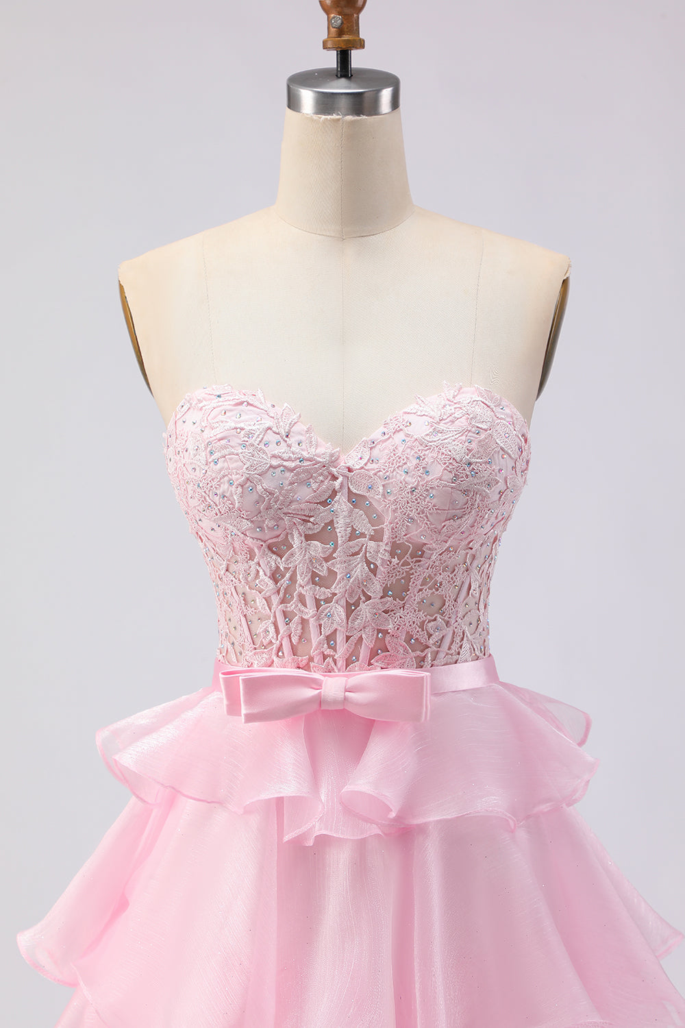Pink Tiered Strapless Corset Beaded Prom Dress