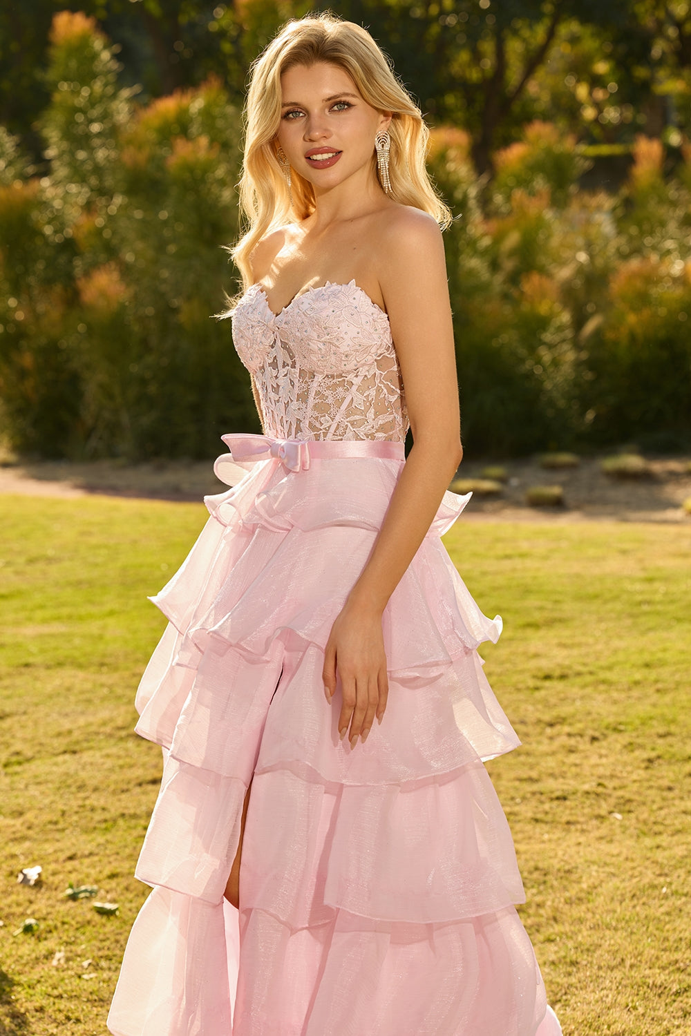 Strapless Pink Corset Tiered Bowed Prom Dress