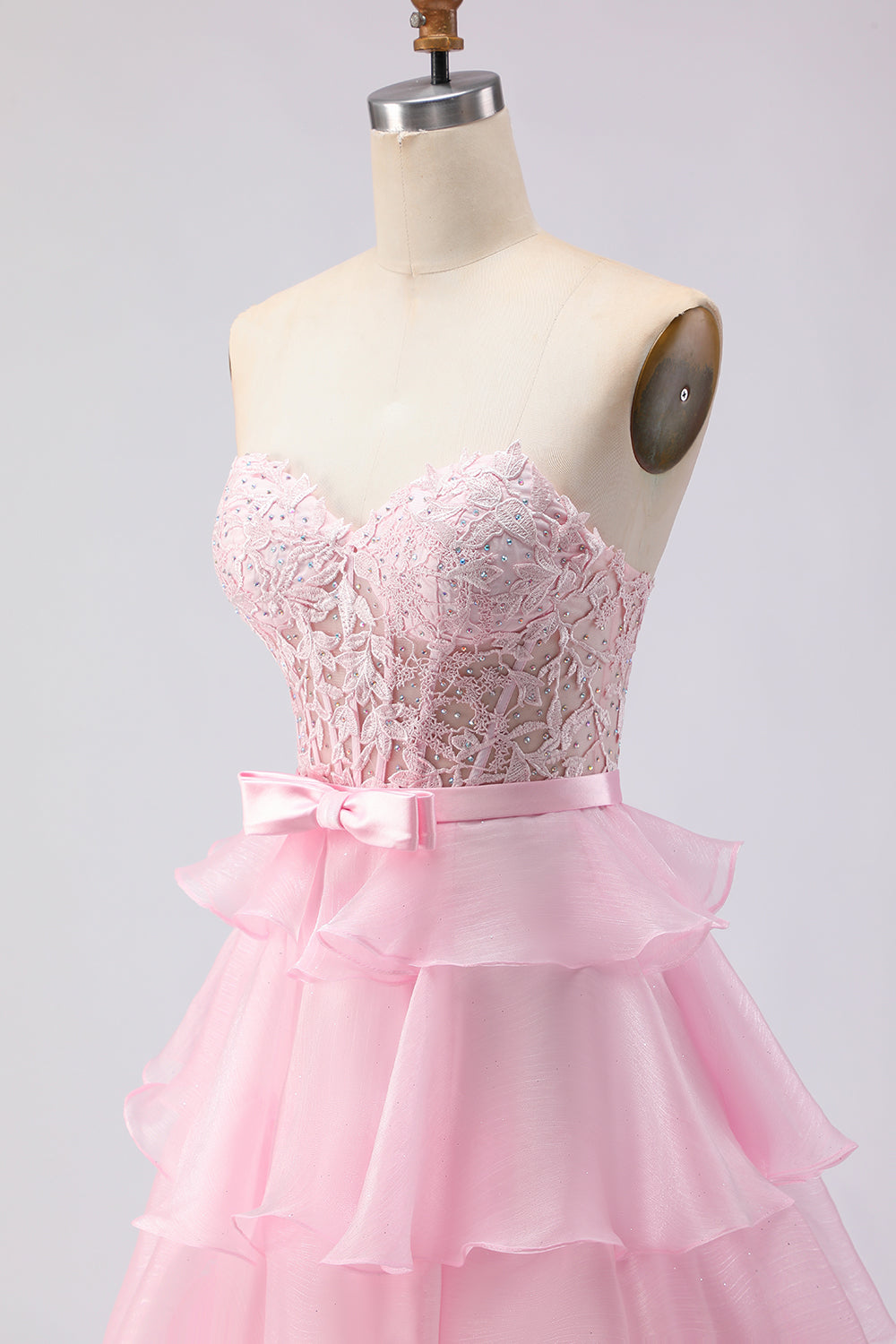 Pink Tiered Strapless Corset Beaded Prom Dress
