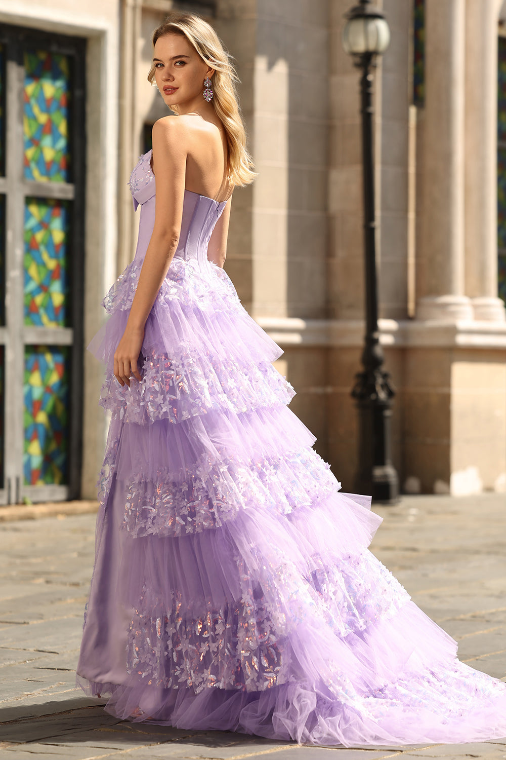 Strapless Purple Corset Tiered A-Line Prom Dress With Slit
