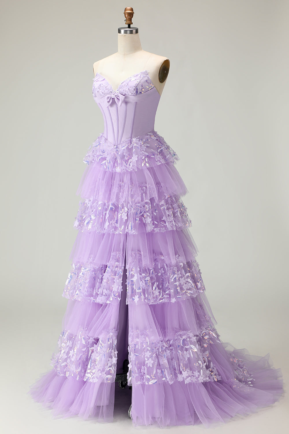 Strapless Purple Corset Tiered A-Line Prom Dress With Slit