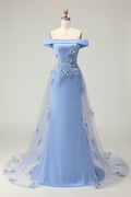Off The Shoulder Grey Blue Mermaid Mother Of the Bride Dress With Appliques