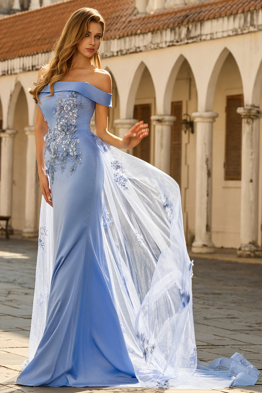 Off The Shoulder Grey Blue Mermaid Appliqued Mother Of the Bride Dress