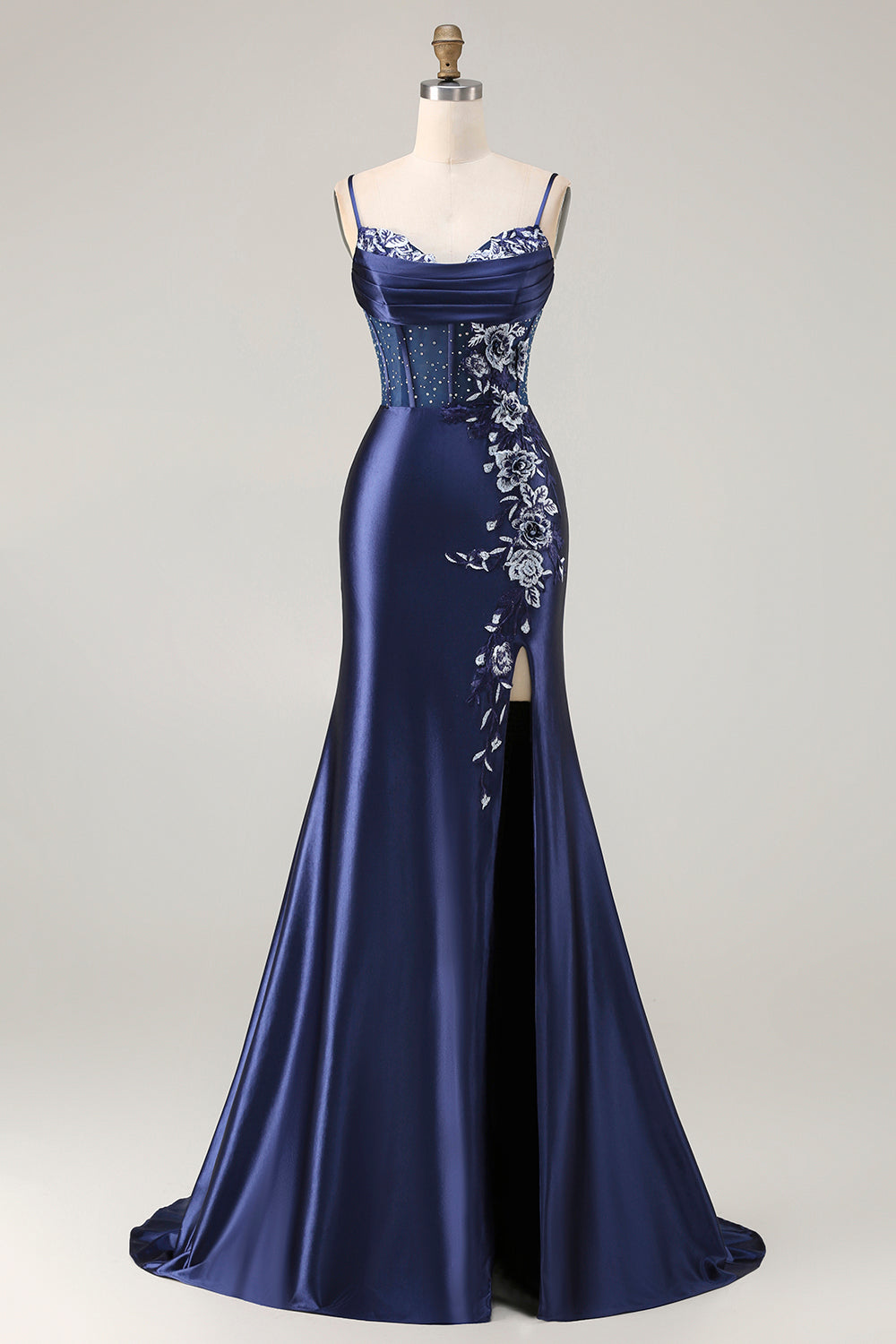 Elegant Navy Mermaid Embroidered Corset Prom Dress With Slit