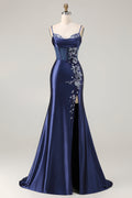 Elegant Navy Mermaid Embroidered Corset Prom Dress With Slit