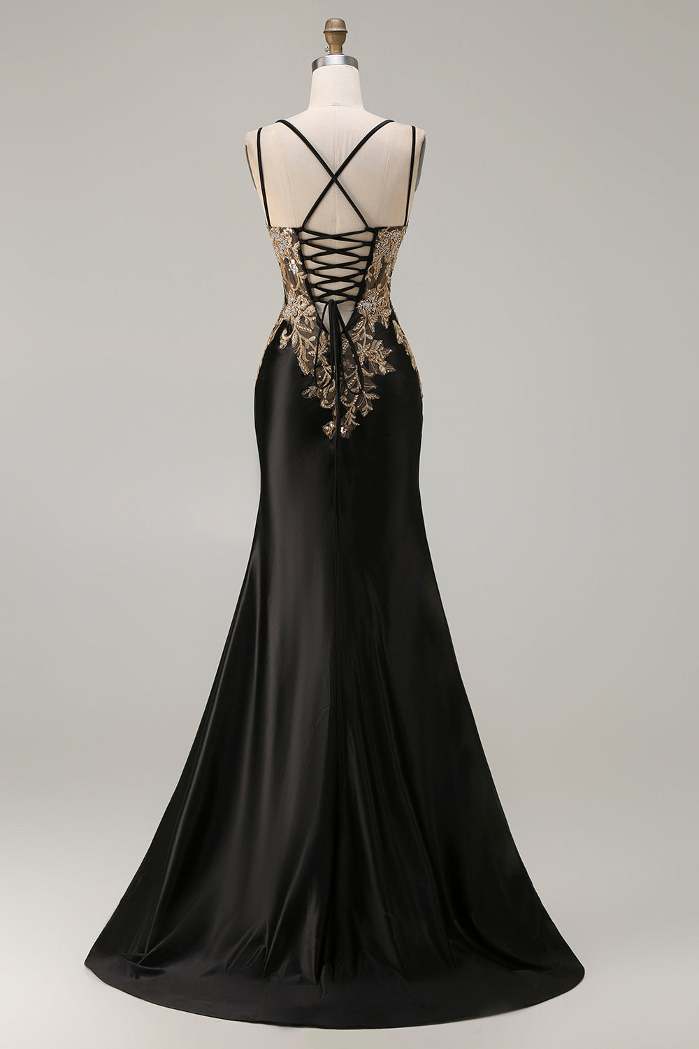 Black Mermaid Beaded Appliqued Satin Prom Dress With Slit