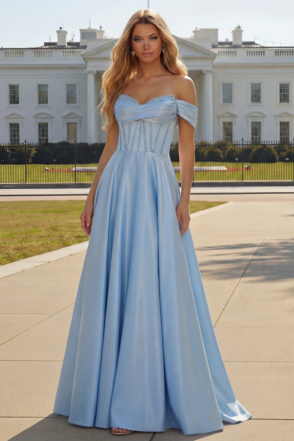 Purple Off The Shoulder A Line Beaded Satin Prom Dress