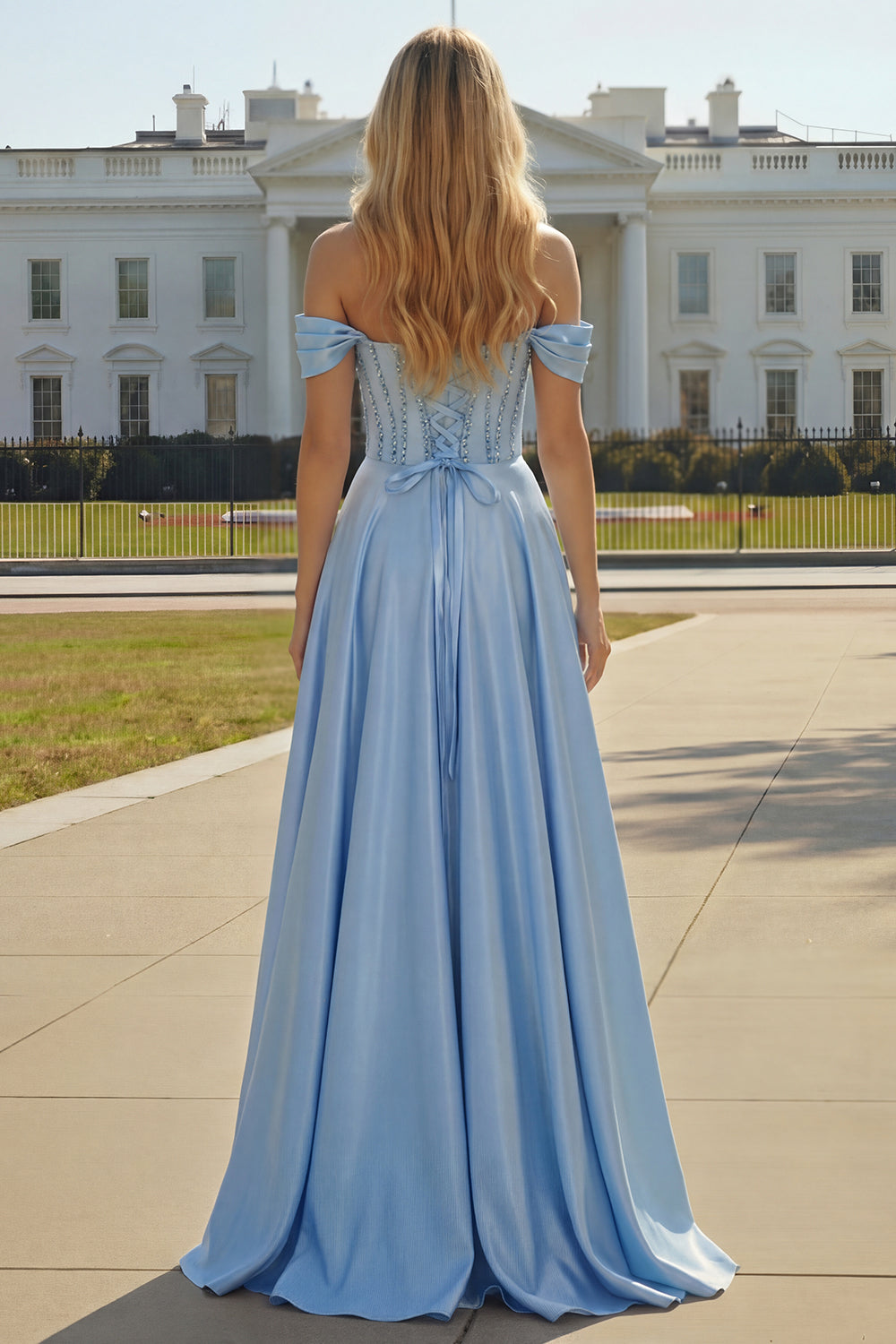 Purple Off The Shoulder A Line Beaded Satin Prom Dress