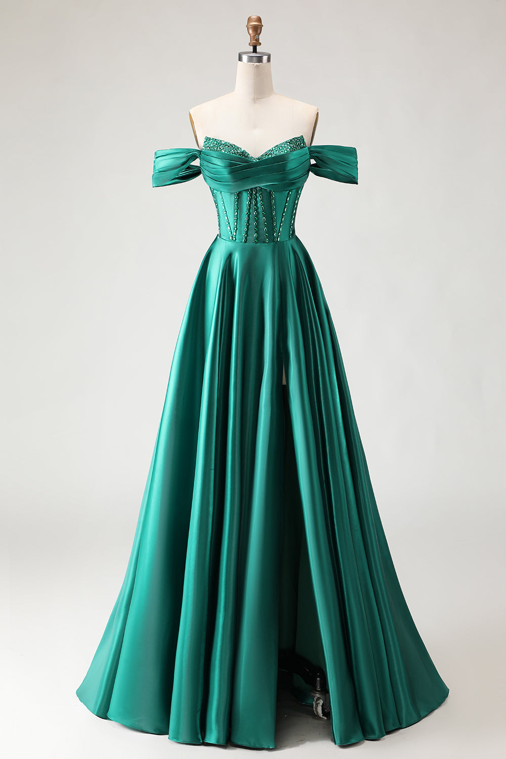 Purple Off The Shoulder A Line Beaded Satin Prom Dress