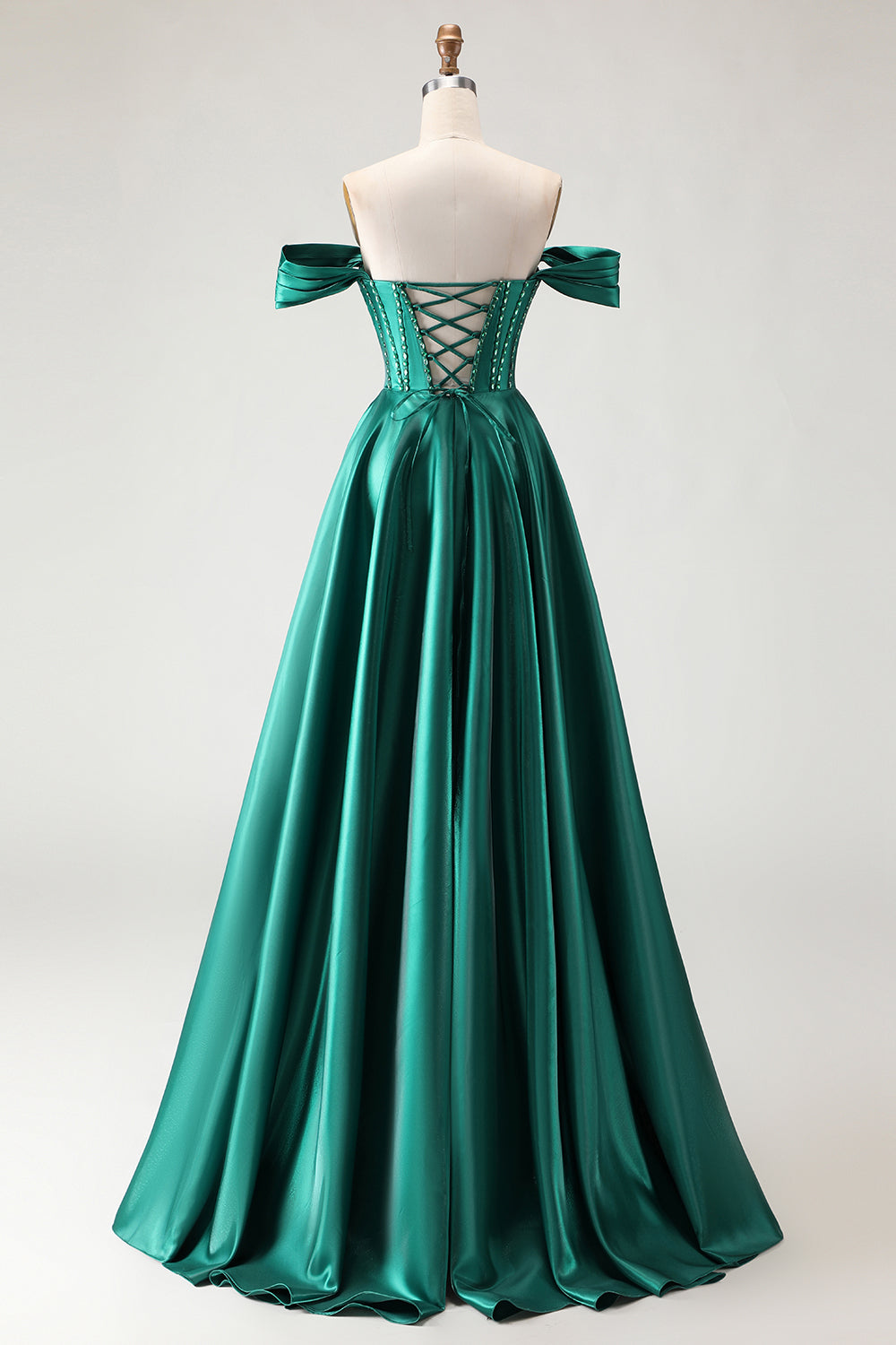 Purple Off The Shoulder A Line Beaded Satin Prom Dress