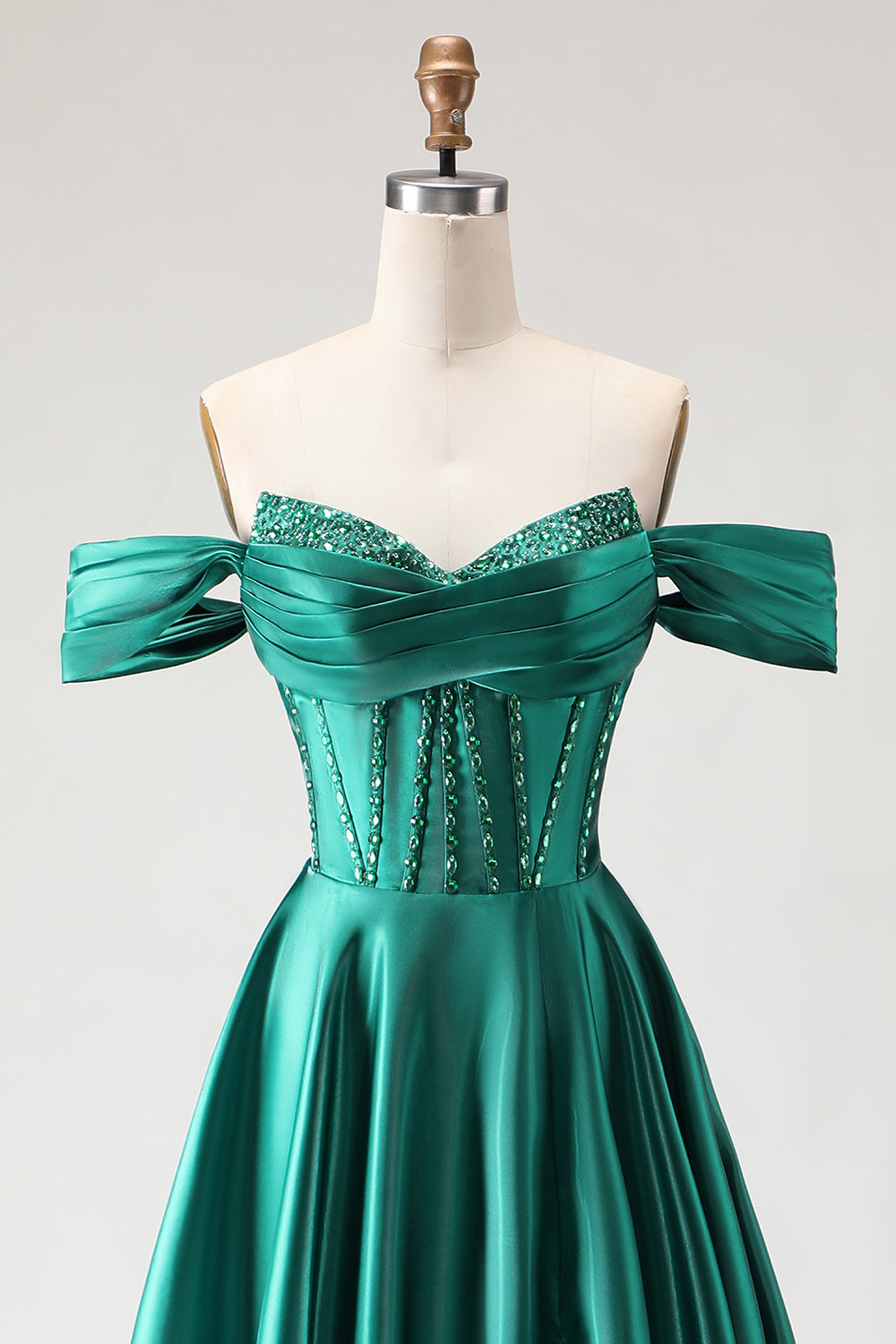 Off The Shoulder Dark Green A-Line Beaded Corset Prom Dress With Slit