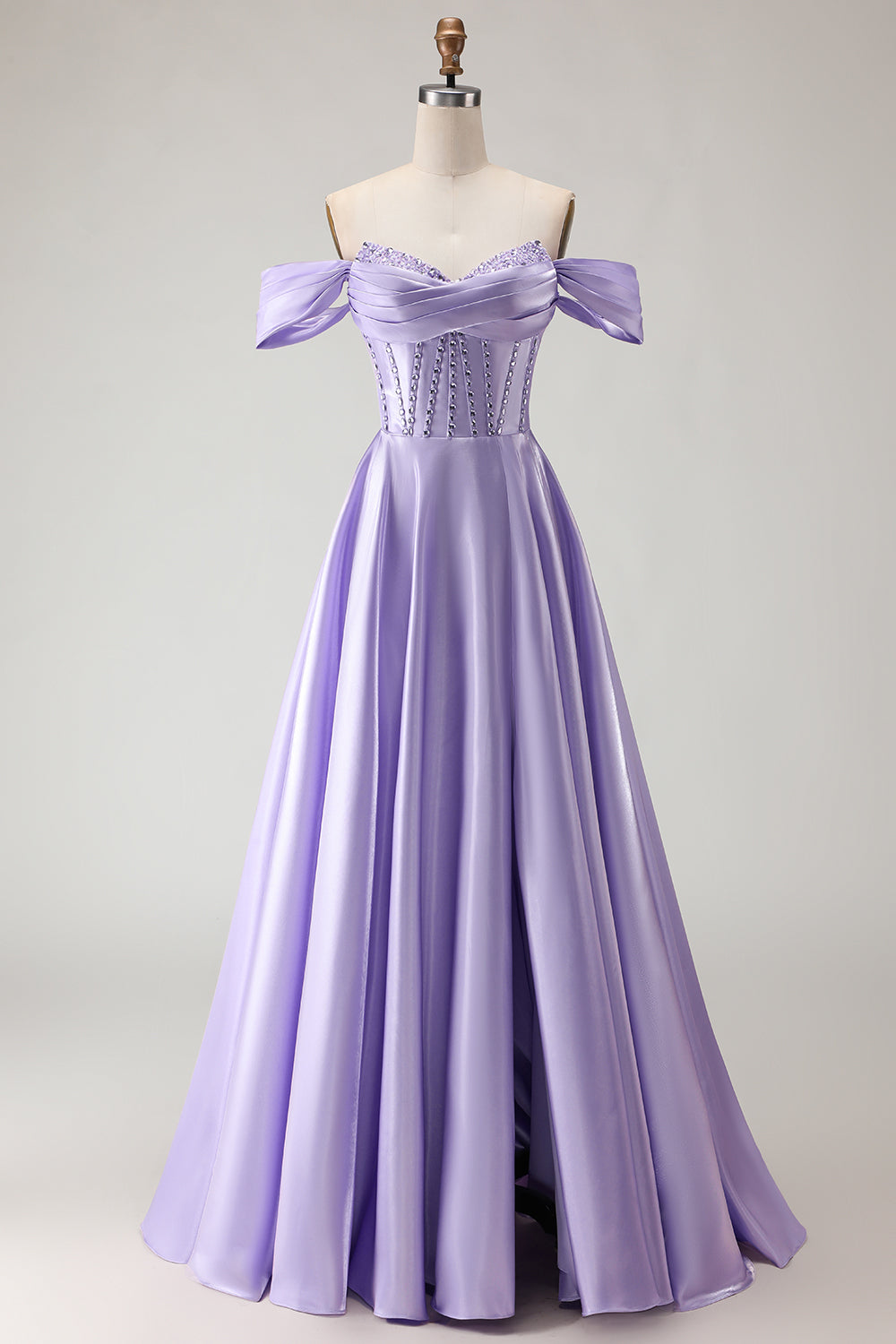 Purple Off The Shoulder A Line Beaded Satin Prom Dress