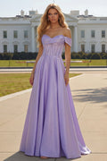 Purple Off The Shoulder A Line Beaded Satin Prom Dress