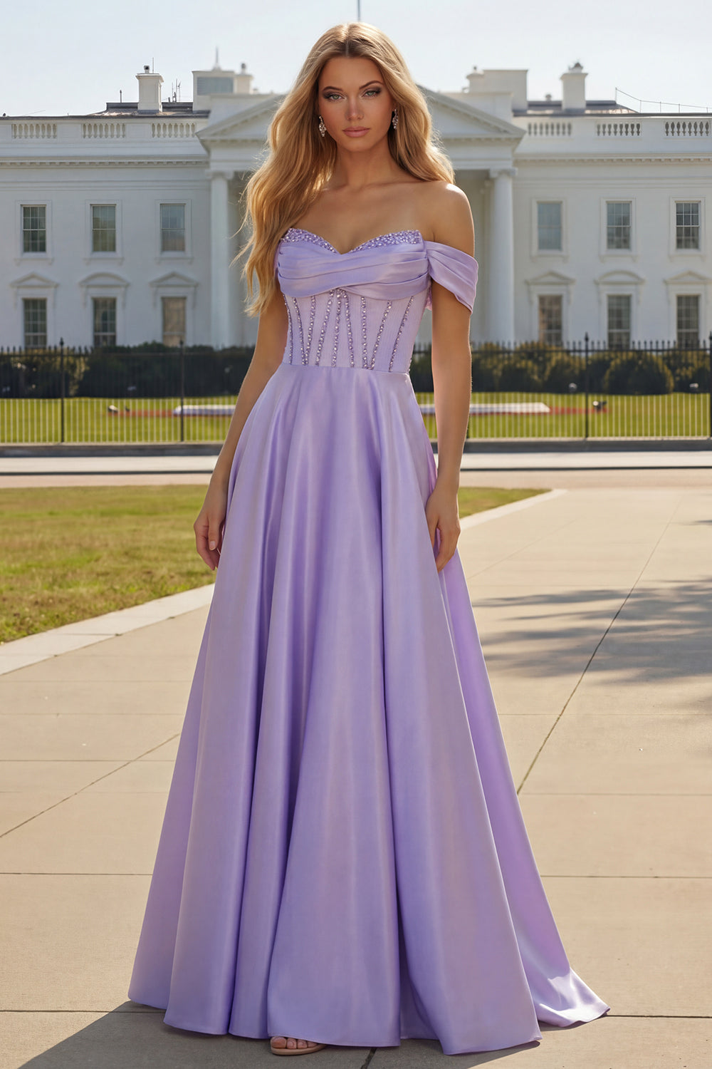 Purple Off The Shoulder A Line Beaded Satin Prom Dress