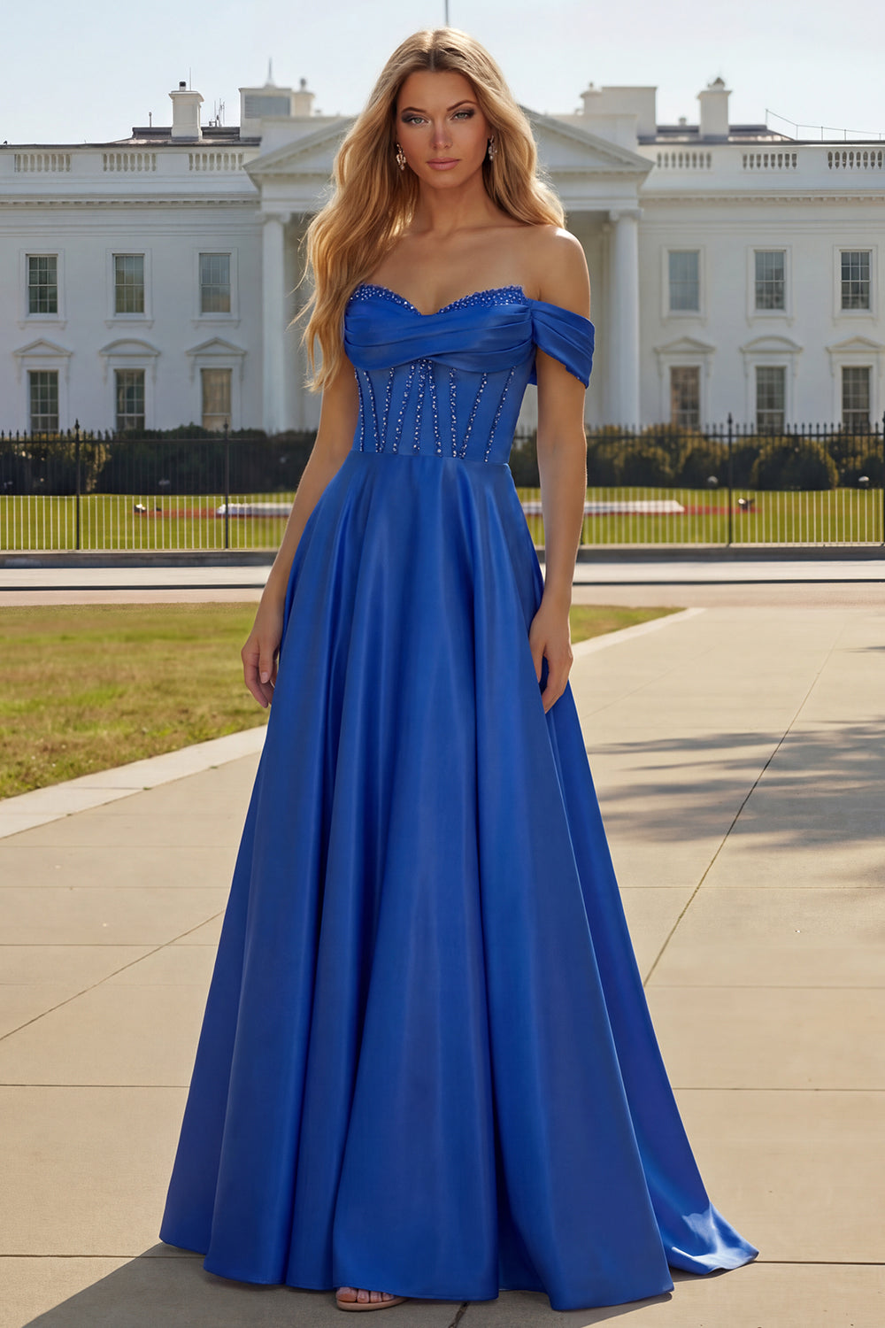 Purple Off The Shoulder A Line Beaded Satin Prom Dress