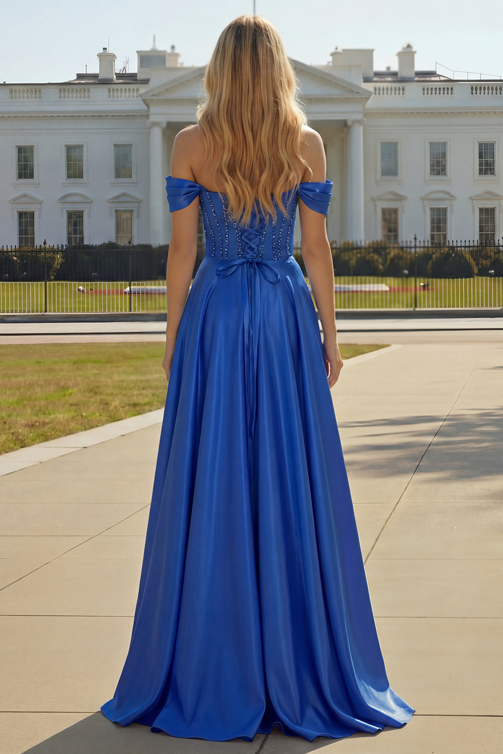 Purple Off The Shoulder A Line Beaded Satin Prom Dress