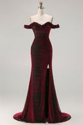 Burgundy Burnout Velvet Off The Shoulder Mermaid Prom Dress With Slit