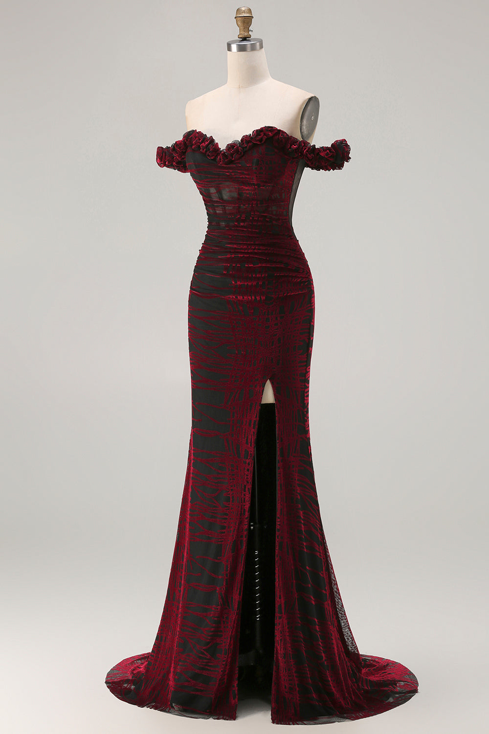 Burgundy Burnout Velvet Off The Shoulder Mermaid Prom Dress With Slit