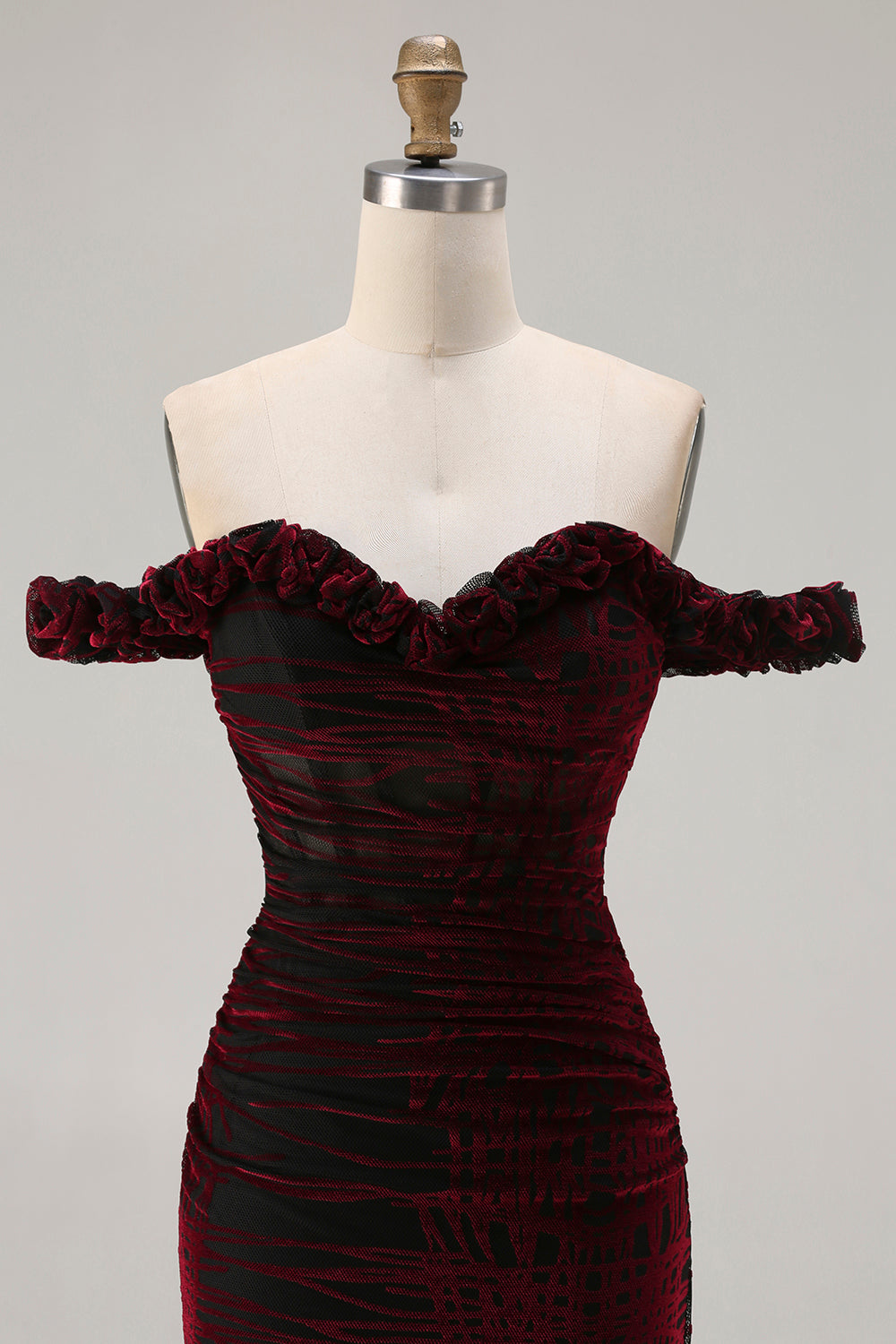 Burgundy Burnout Velvet Off The Shoulder Mermaid Prom Dress With Slit