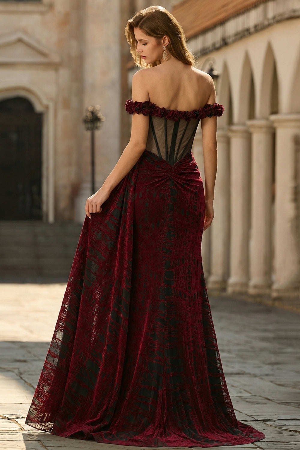 Off The Shoulder Black Red Mermaid Ruffled Prom Dress