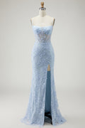 Blue Mermaid Appliqued Corset Prom Dress With Slit