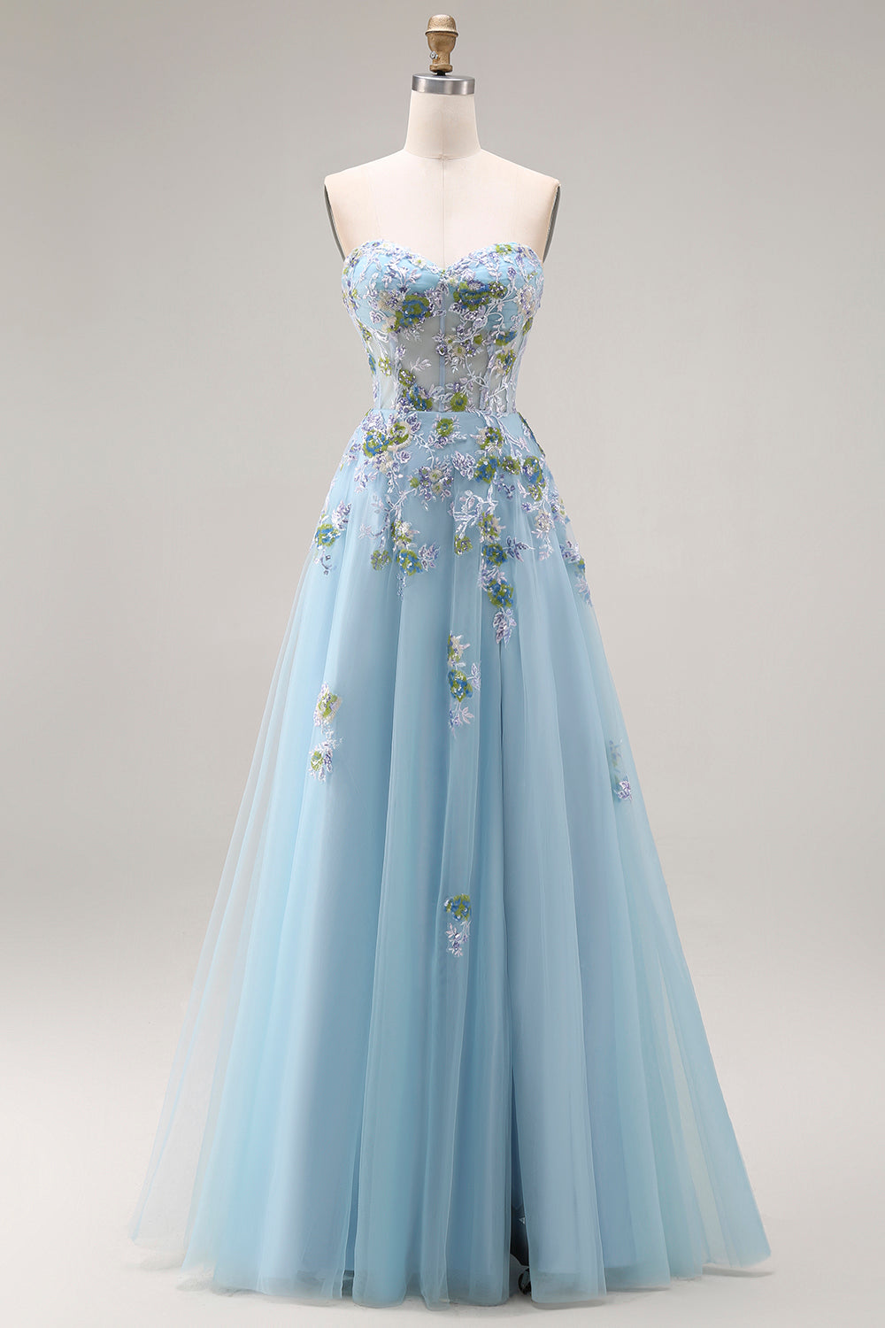Blue Strapless A Line Corset Sequin Prom Dress with Appliques