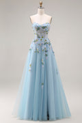 Blue Strapless A Line Corset Sequin Prom Dress with Appliques