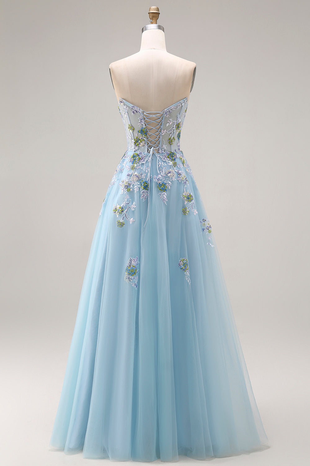 Blue Strapless A Line Corset Sequin Prom Dress with Appliques