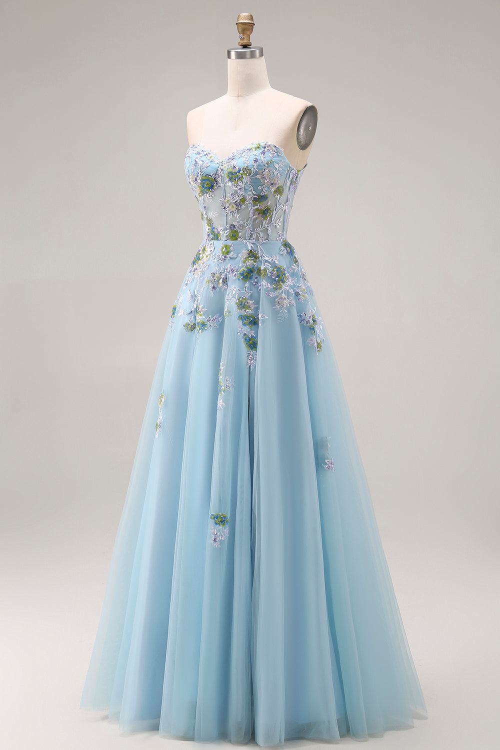 Blue Strapless A Line Corset Sequin Prom Dress with Appliques
