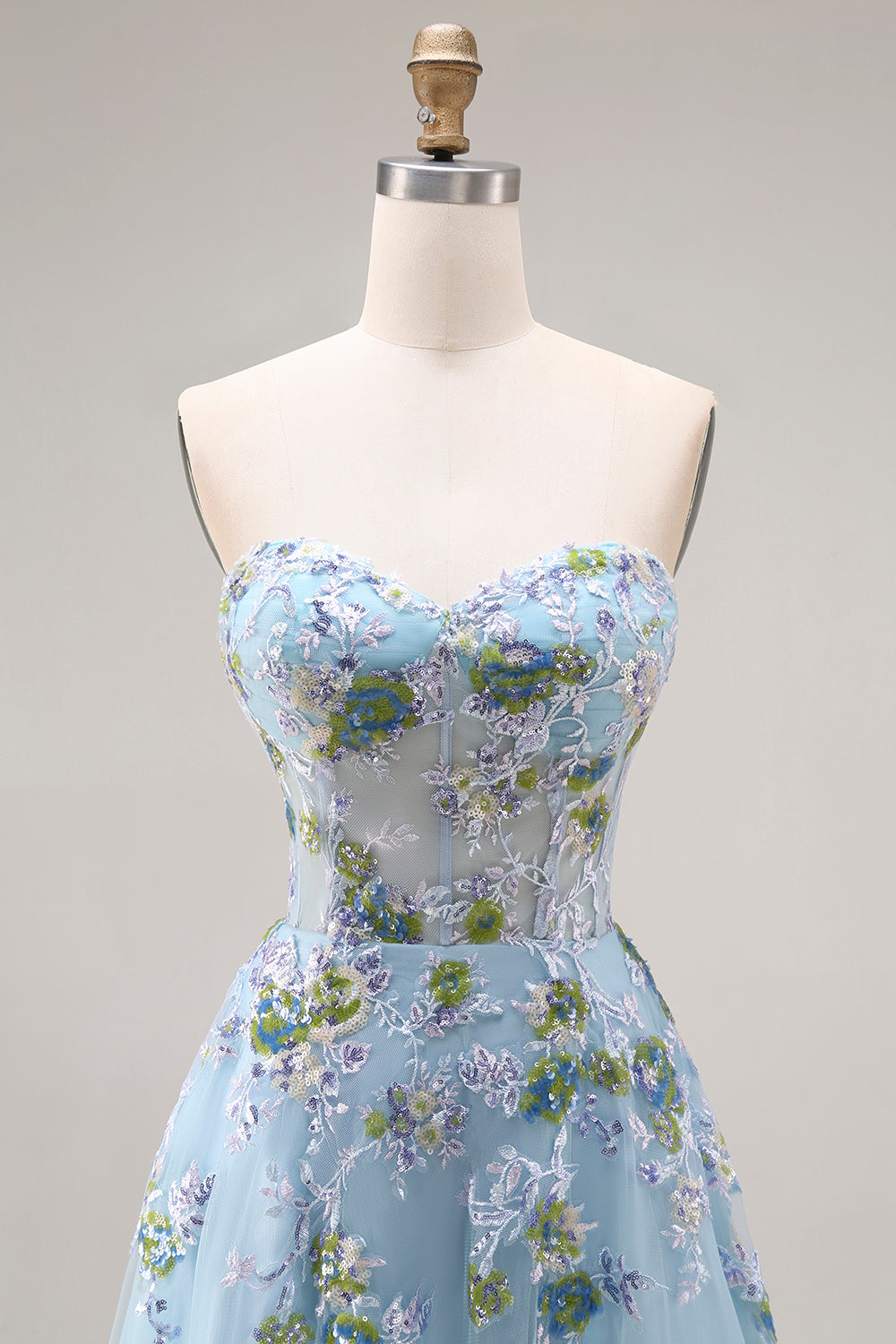 Blue Strapless A Line Corset Sequin Prom Dress with Appliques