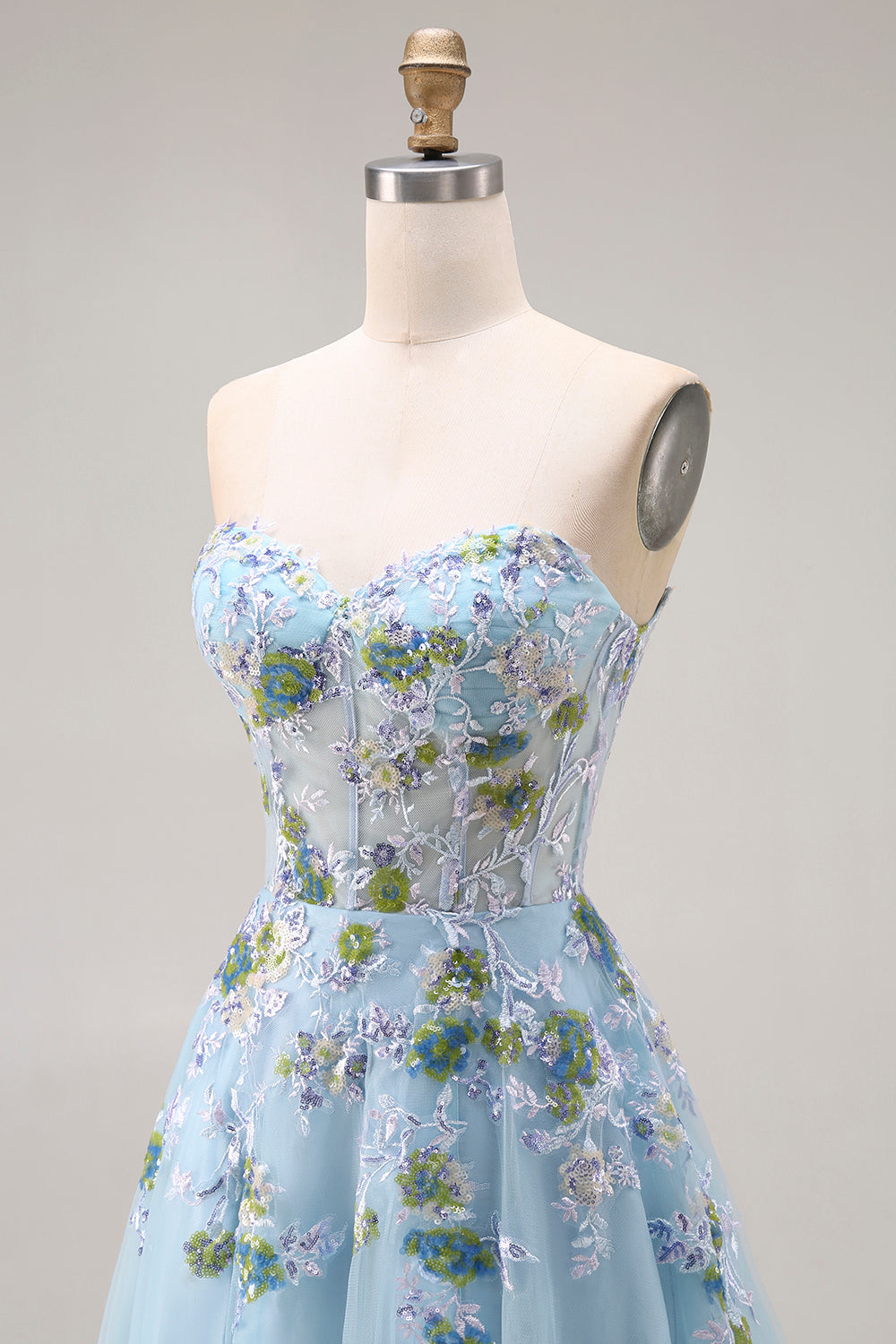 Blue Strapless A Line Corset Sequin Prom Dress with Appliques