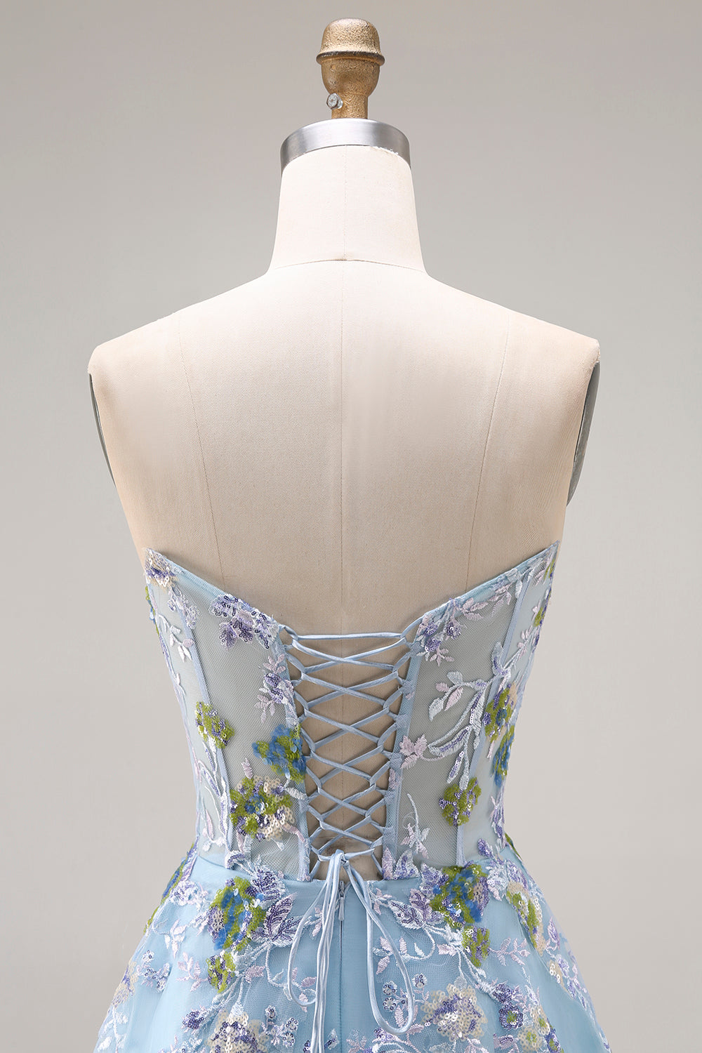 Blue Strapless A Line Corset Sequin Prom Dress with Appliques