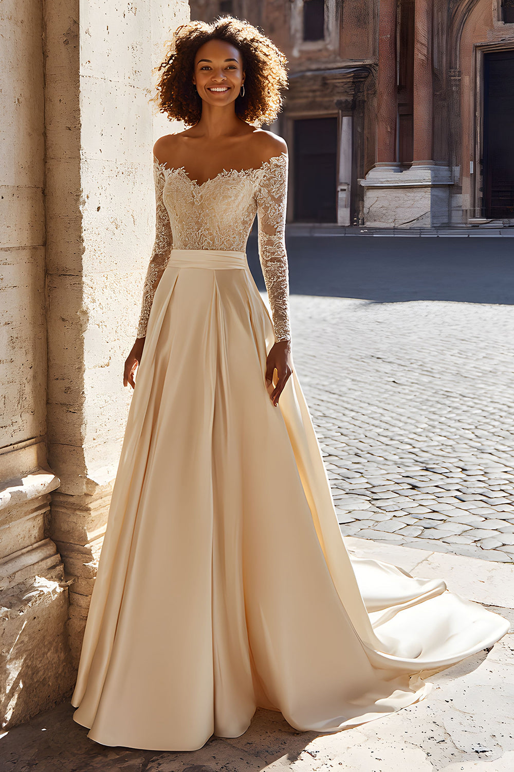 Champagne Off The Shoulder A-Line Long Sleeve Wedding Dress WIth Lace