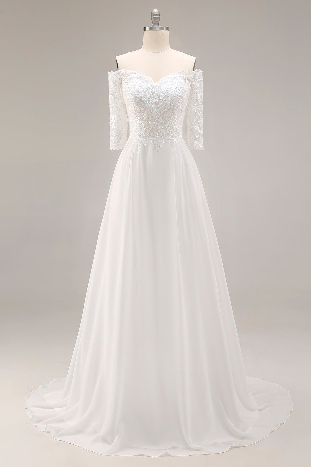 White A-Line Off The Shoulder Sweep Train Wedding Dress