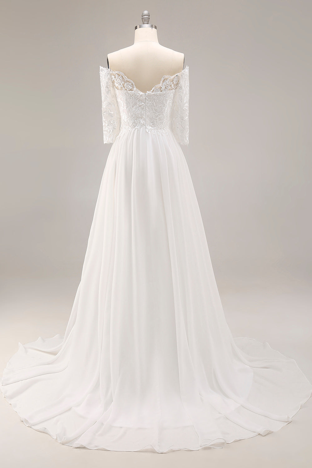 White A-Line Off The Shoulder Sweep Train Wedding Dress