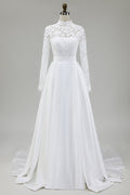 Modest Ivory A-Line High Neck Long Sleeve Wedding Dress With Lace