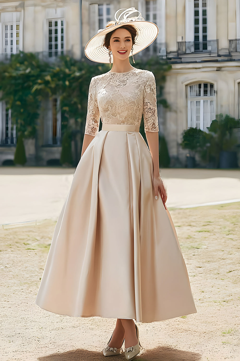 Blush Pink Satin A-Line Mother Of The Bride Dress With Lace