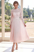 Blush Pink Pleated A-Line Lace Midi Mother Of The Bride Dress