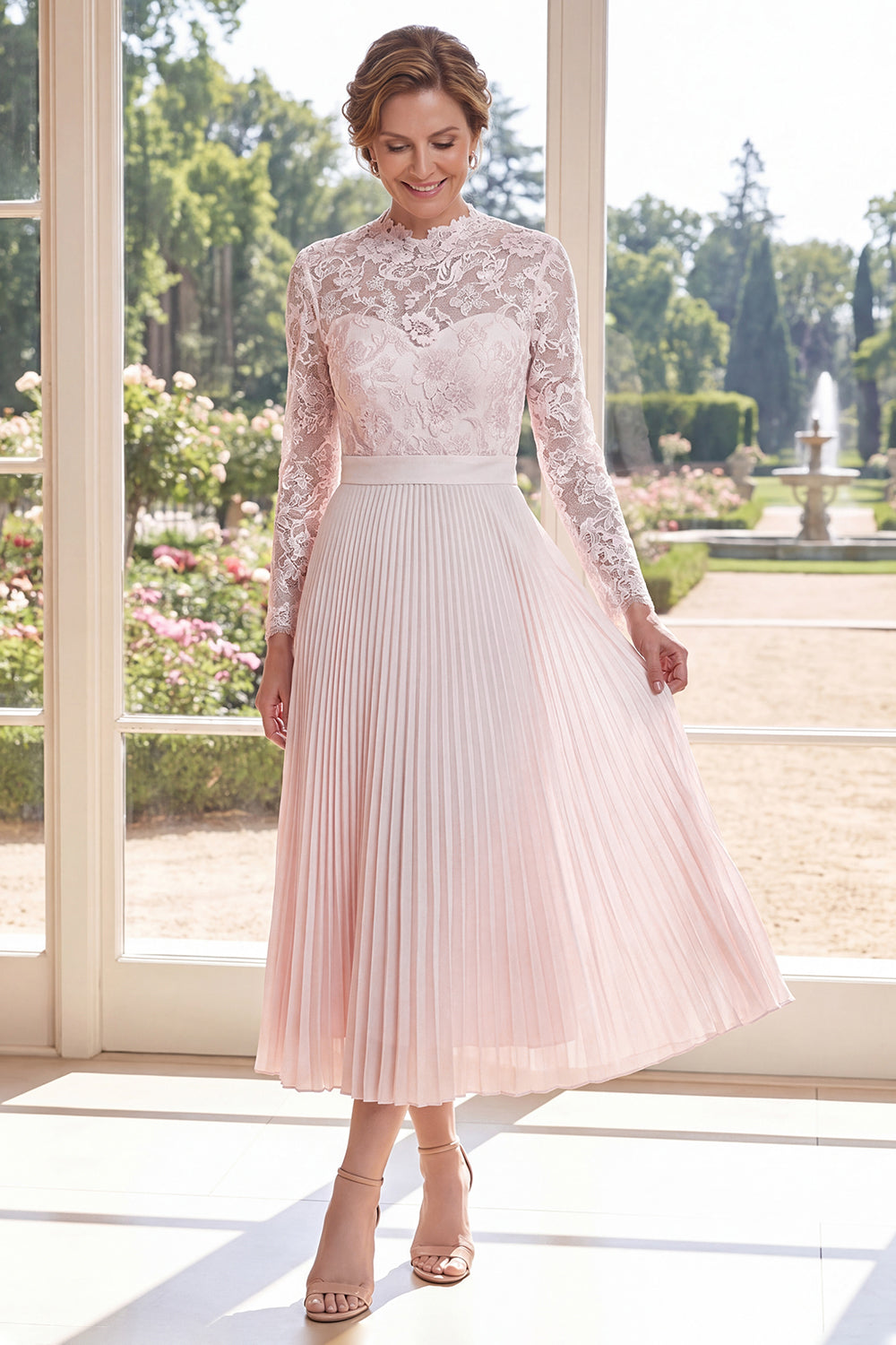 Blush Pink Pleated A-Line Lace Midi Mother Of The Bride Dress