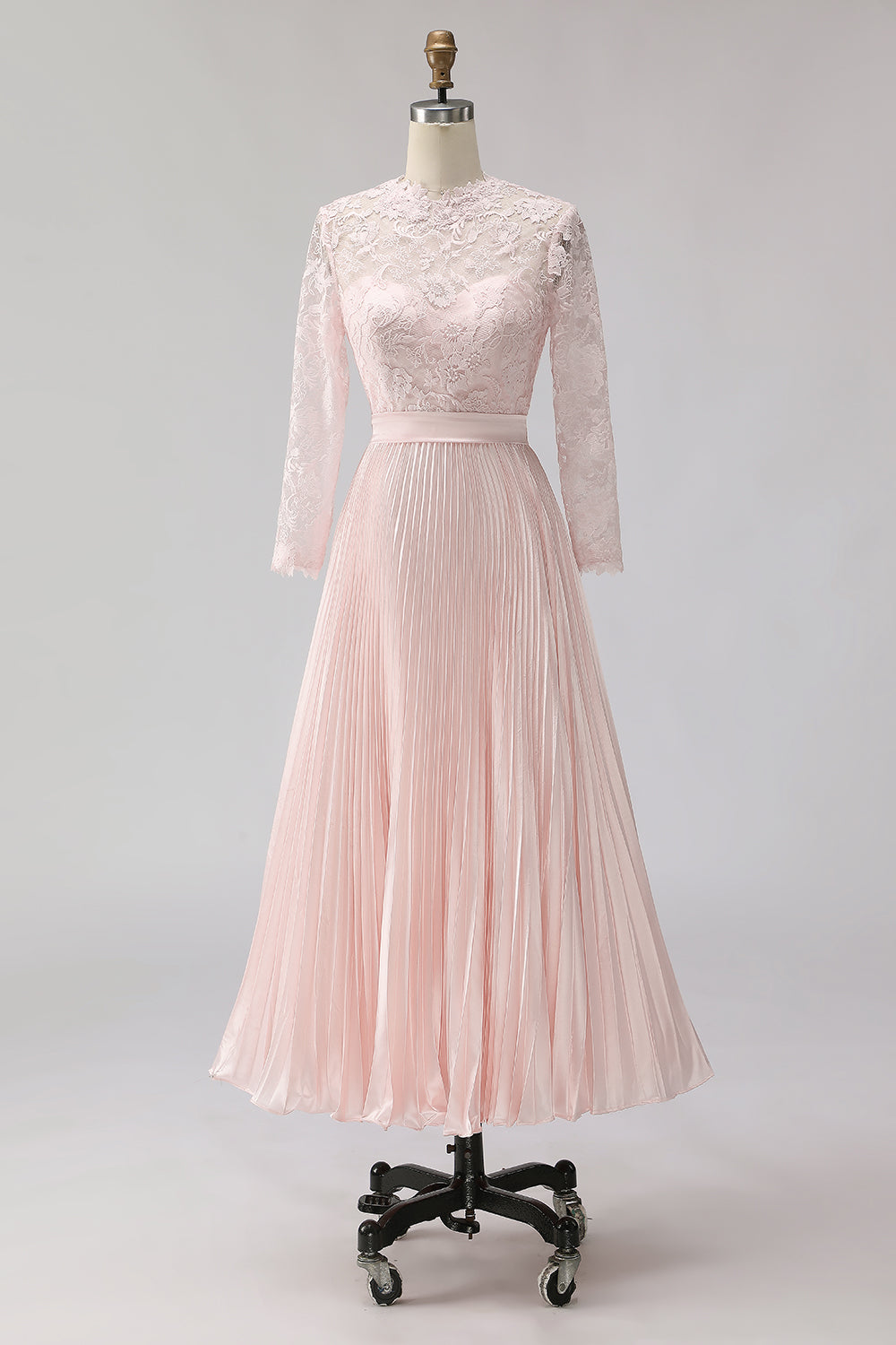 Blush Pink Pleated A-Line Lace Midi Mother Of The Bride Dress